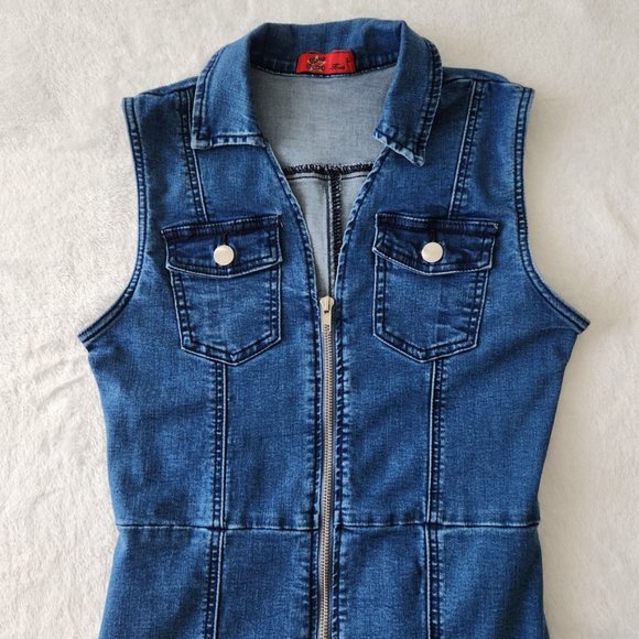 Vintage Y2K Zip Up Denim Dress Medium Blue Sleeveless // Large - Picture 12 of 12
